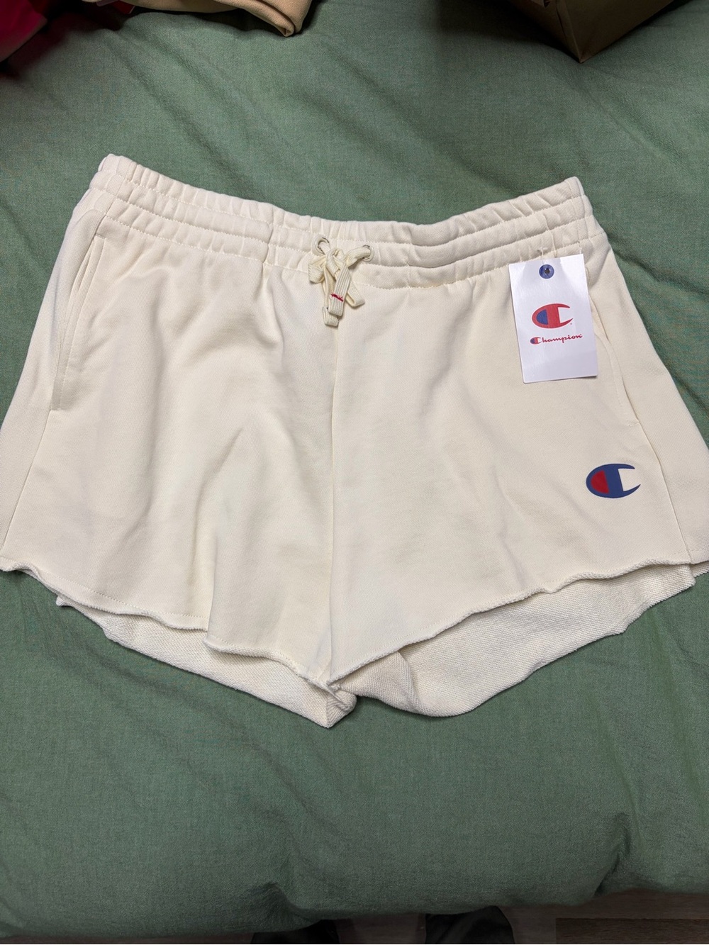 Champion Cream Drawstring Athletic Shorts with Logo